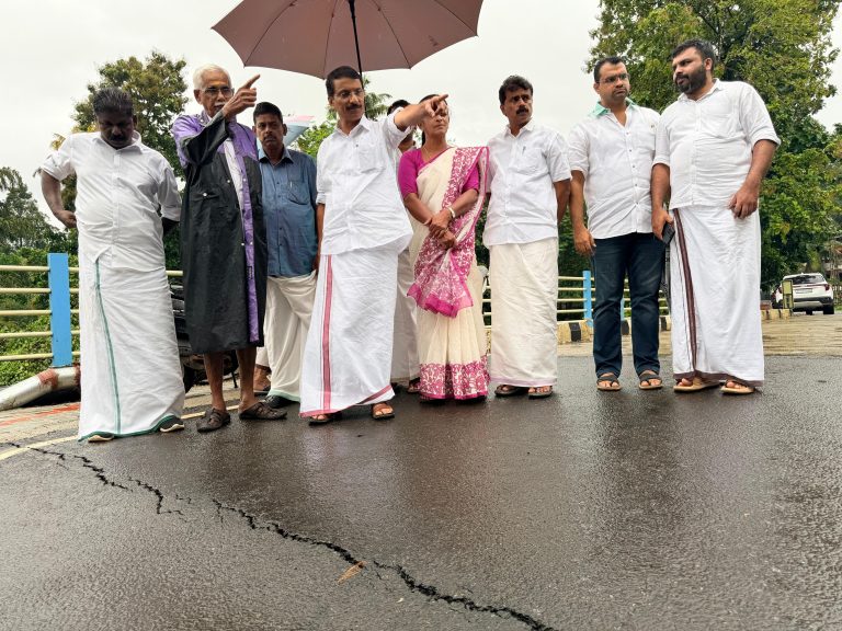 പുതമൺ പാലത്തിൻ്റെ അപ്പ്രോച്ച് റോഡിലെ വിള്ളൽ ഉണ്ടായത് പരിശോധിക്കാൻ പഴകുളം മധു എം.എൽ.എ. സ്ഥലത്തെത്തി സ്ഥിതി വിലയിരുത്തി